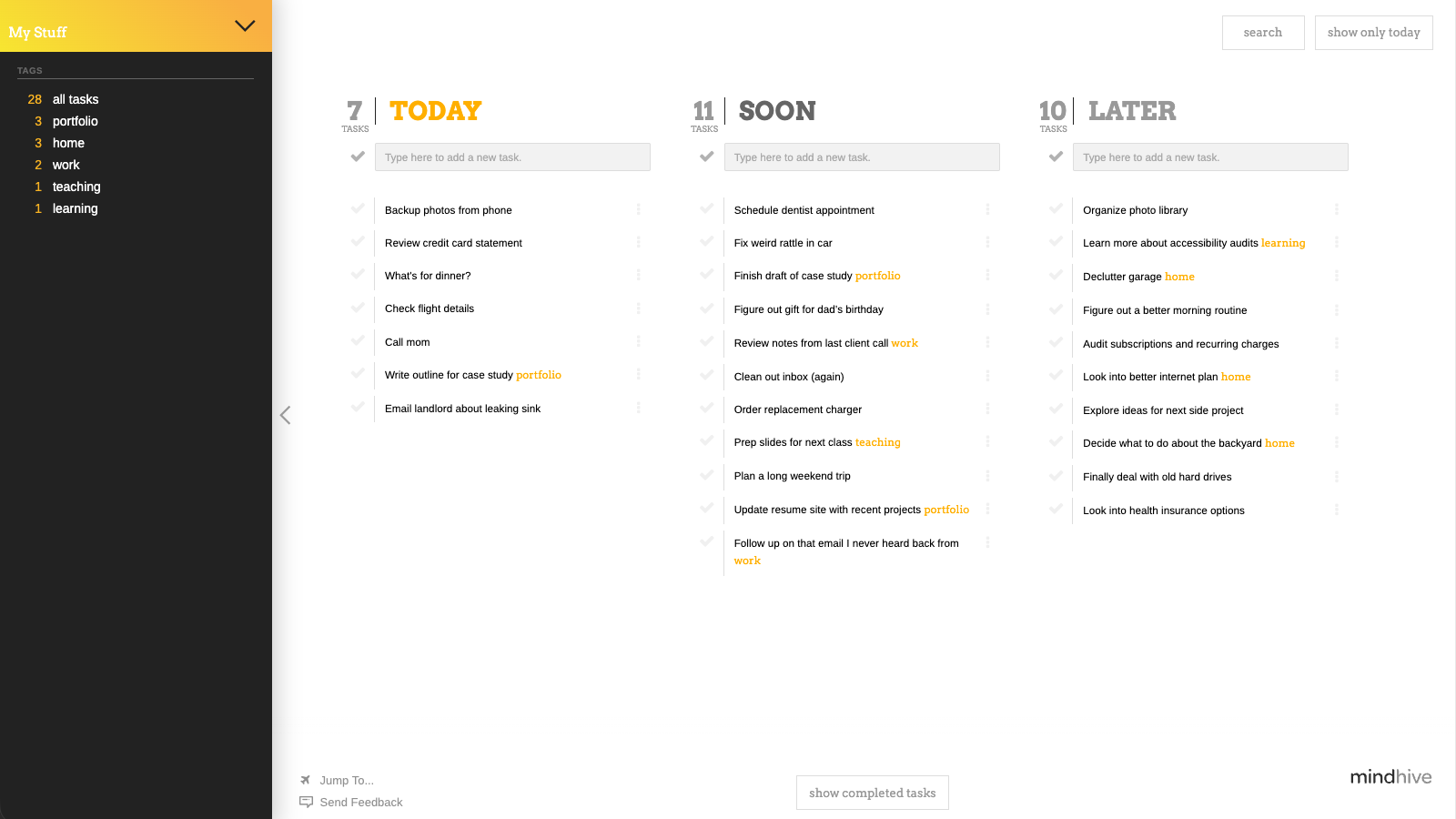 An image of the todo list app, MindHive